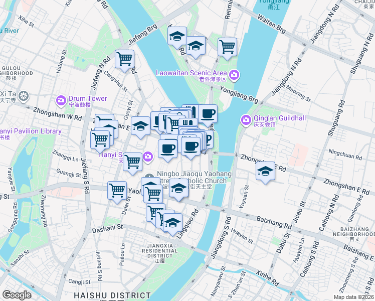 map of restaurants, bars, coffee shops, grocery stores, and more near Zhong Shan Dong Lu in Ning Bo Shi
