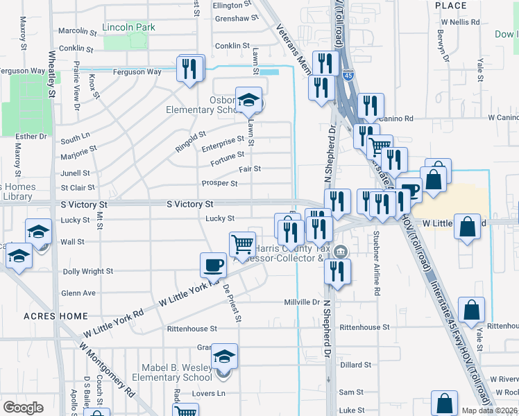 map of restaurants, bars, coffee shops, grocery stores, and more near 778 North Victory Drive in Houston