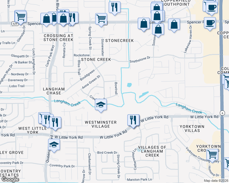 map of restaurants, bars, coffee shops, grocery stores, and more near 6427 Slate Stone Street in Houston