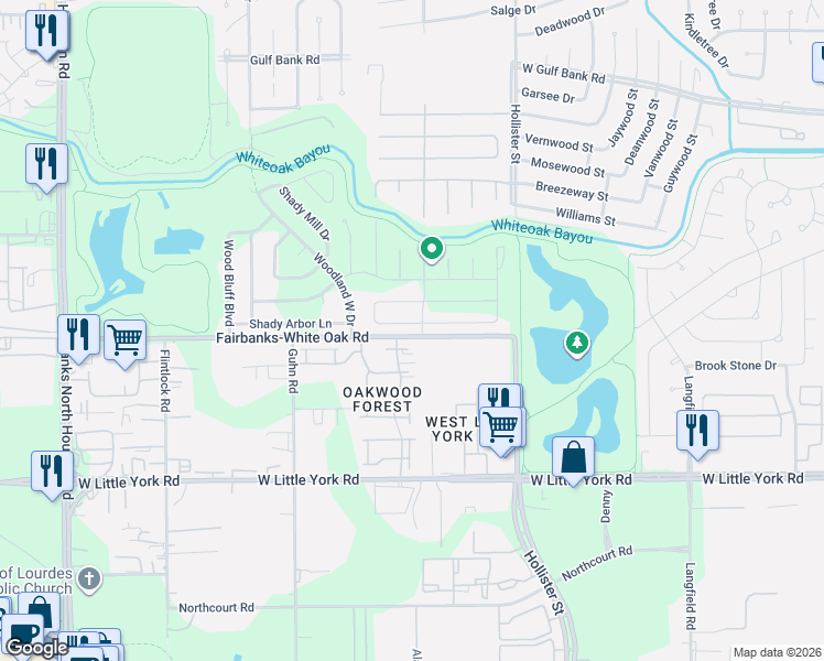 map of restaurants, bars, coffee shops, grocery stores, and more near 7906 Shady Arbor Lane in Houston