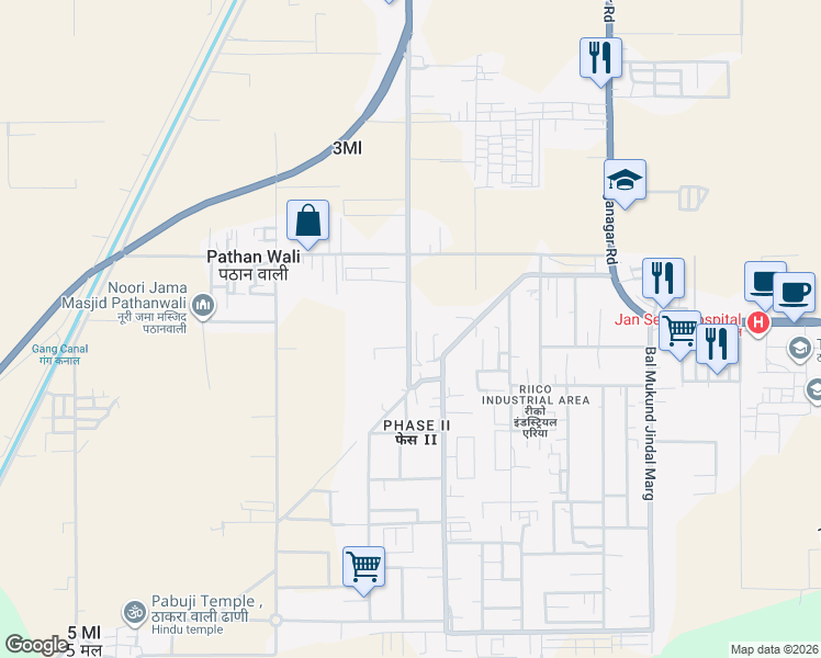 map of restaurants, bars, coffee shops, grocery stores, and more near park road in Sri Ganganagar