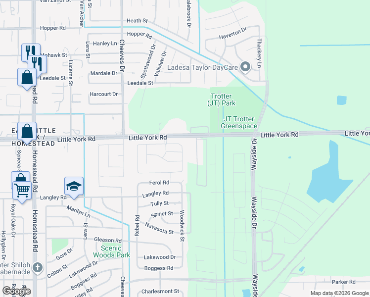 map of restaurants, bars, coffee shops, grocery stores, and more near 7797 Little York Road in Houston