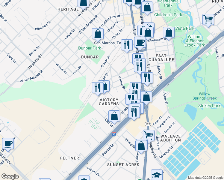 map of restaurants, bars, coffee shops, grocery stores, and more near 602 Georgia Street in San Marcos