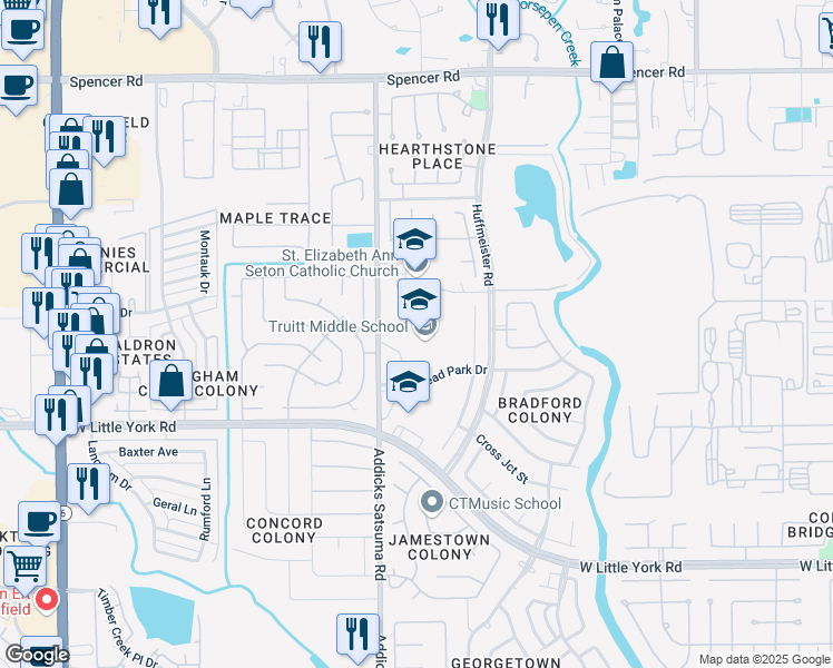 map of restaurants, bars, coffee shops, grocery stores, and more near 6600 Addicks Satsuma Road in Houston