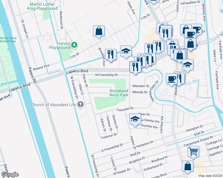 map of restaurants, bars, coffee shops, grocery stores, and more near 2245 Von Braun Court in Harvey