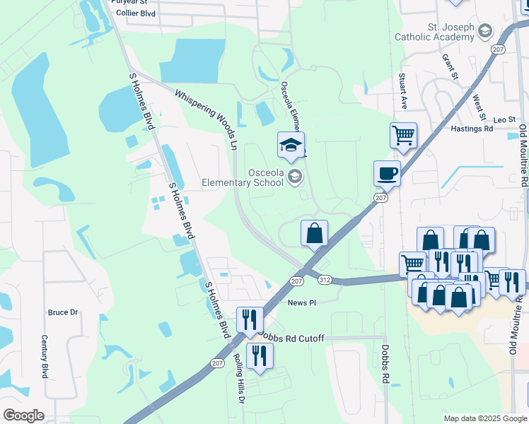 map of restaurants, bars, coffee shops, grocery stores, and more near 210 Whispering Woods Lane in St. Augustine