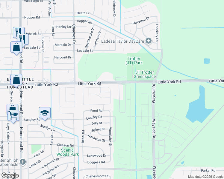 map of restaurants, bars, coffee shops, grocery stores, and more near 7797 Little York Road in Houston