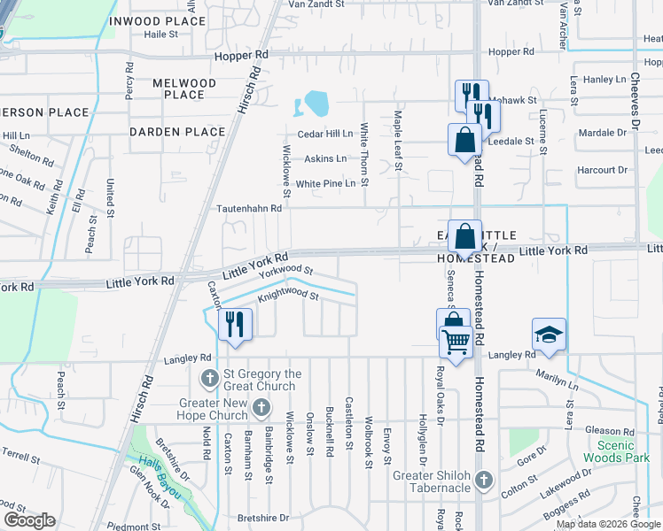 map of restaurants, bars, coffee shops, grocery stores, and more near 5650 Little York Road in Houston