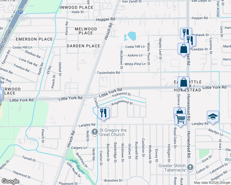 map of restaurants, bars, coffee shops, grocery stores, and more near 10730 Wicklowe Street in Houston