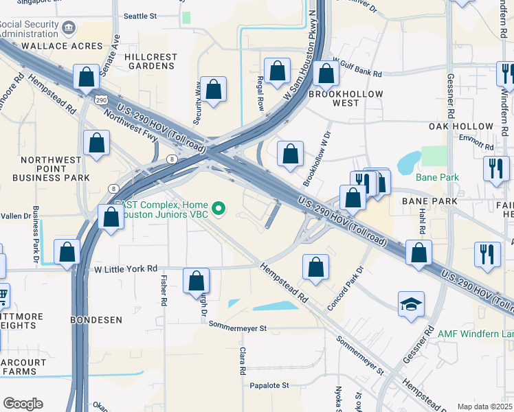 map of restaurants, bars, coffee shops, grocery stores, and more near 15501 Northwest Freeway in Jersey Village