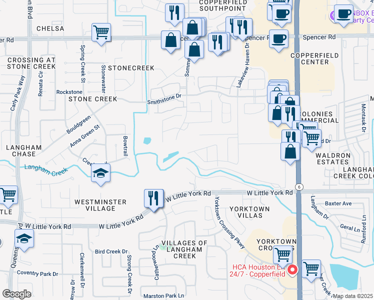 map of restaurants, bars, coffee shops, grocery stores, and more near 6506 Sommerall Drive in Houston