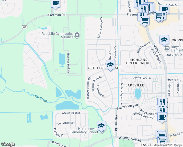 map of restaurants, bars, coffee shops, grocery stores, and more near 6443 Liberty Valley Drive in Katy