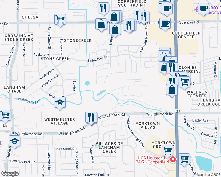 map of restaurants, bars, coffee shops, grocery stores, and more near 6506 Sommerall Drive in Houston