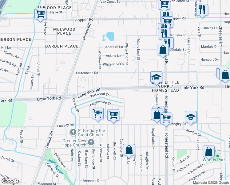 map of restaurants, bars, coffee shops, grocery stores, and more near 5650 Little York Road in Houston