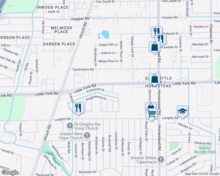 map of restaurants, bars, coffee shops, grocery stores, and more near 5650 Little York Road in Houston
