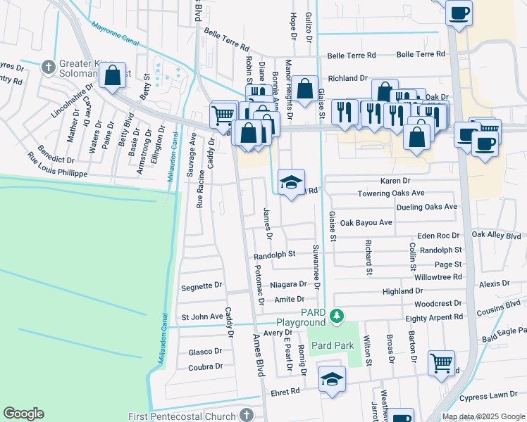 map of restaurants, bars, coffee shops, grocery stores, and more near 2008 Bonnie Ann Drive in Marrero