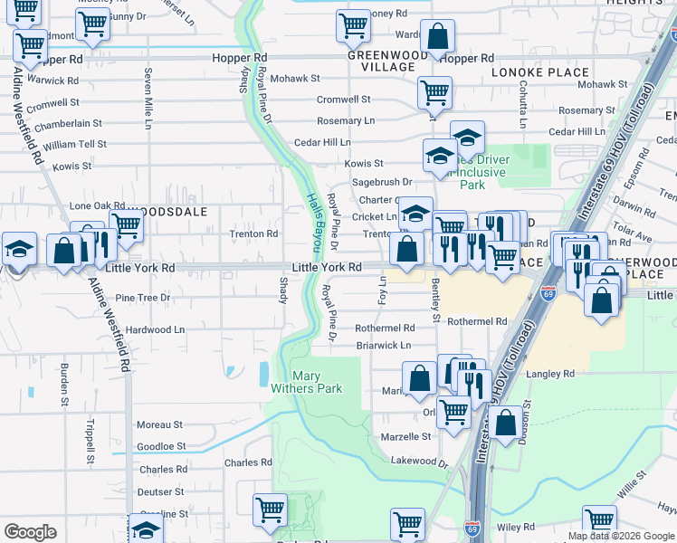 map of restaurants, bars, coffee shops, grocery stores, and more near 2911 Yorkwood Street in Houston