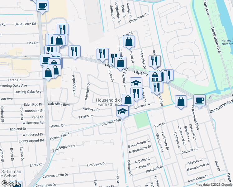 map of restaurants, bars, coffee shops, grocery stores, and more near 2056 Saulet Place in Harvey