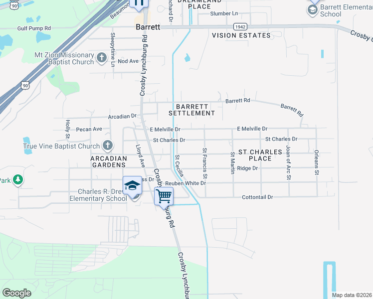 map of restaurants, bars, coffee shops, grocery stores, and more near 219 Zinn Drive in Crosby