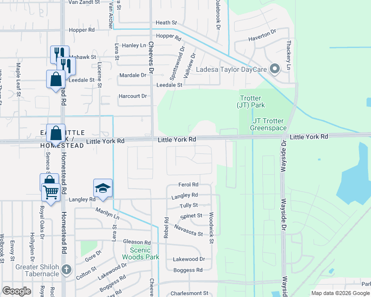 map of restaurants, bars, coffee shops, grocery stores, and more near 7615 Travis Park Lane in Houston