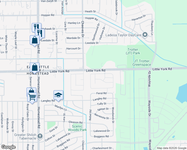 map of restaurants, bars, coffee shops, grocery stores, and more near 7615 Travis Park Lane in Houston