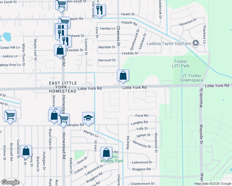 map of restaurants, bars, coffee shops, grocery stores, and more near 7447 Ida Wells Forest Drive in Houston