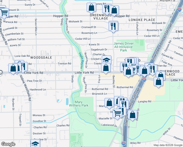 map of restaurants, bars, coffee shops, grocery stores, and more near 2911 Yorkwood Street in Houston