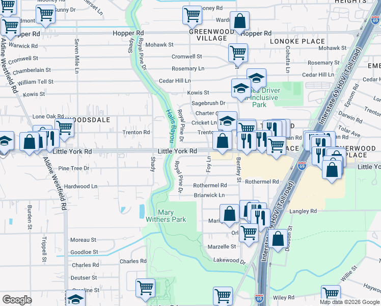 map of restaurants, bars, coffee shops, grocery stores, and more near 2911 Yorkwood Street in Houston