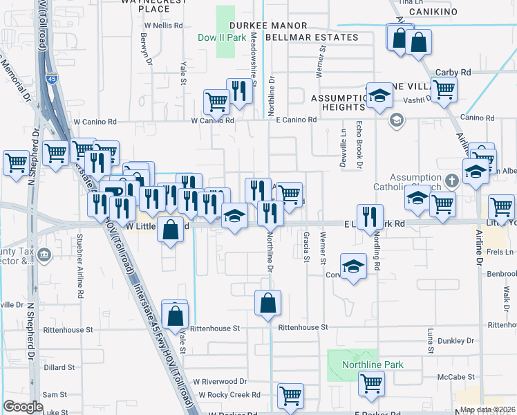 map of restaurants, bars, coffee shops, grocery stores, and more near 7522 Meadowshire Street in Houston