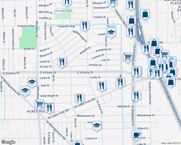 map of restaurants, bars, coffee shops, grocery stores, and more near 843S South Victory Drive in Houston