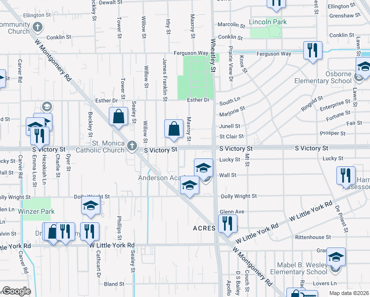 map of restaurants, bars, coffee shops, grocery stores, and more near 1202 South Victory Drive in Houston