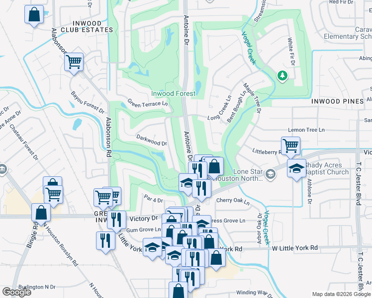 map of restaurants, bars, coffee shops, grocery stores, and more near 7435 Antoine Drive in Houston