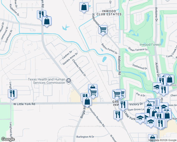 map of restaurants, bars, coffee shops, grocery stores, and more near 6315 Acorn Forest Drive in Houston