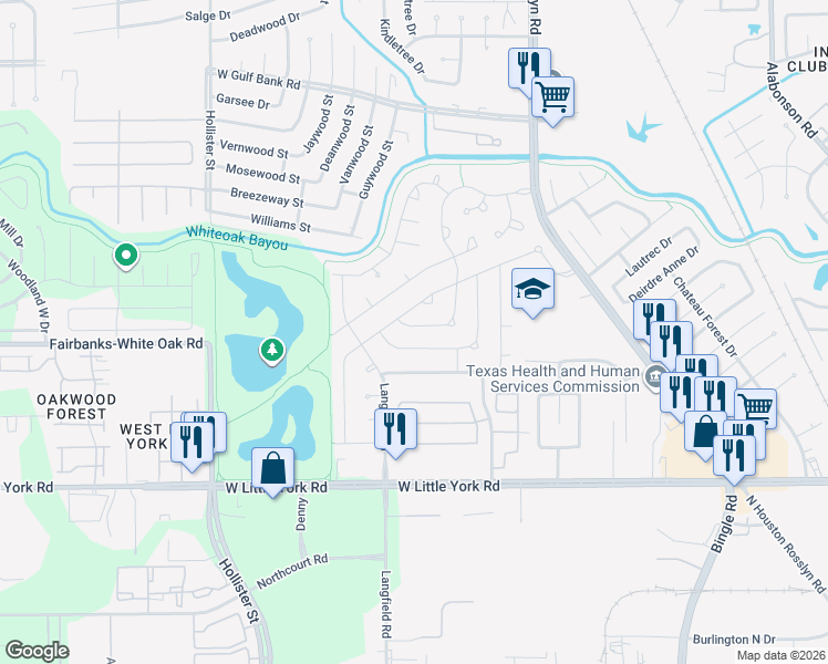 map of restaurants, bars, coffee shops, grocery stores, and more near 8715 Landwood Drive in Houston