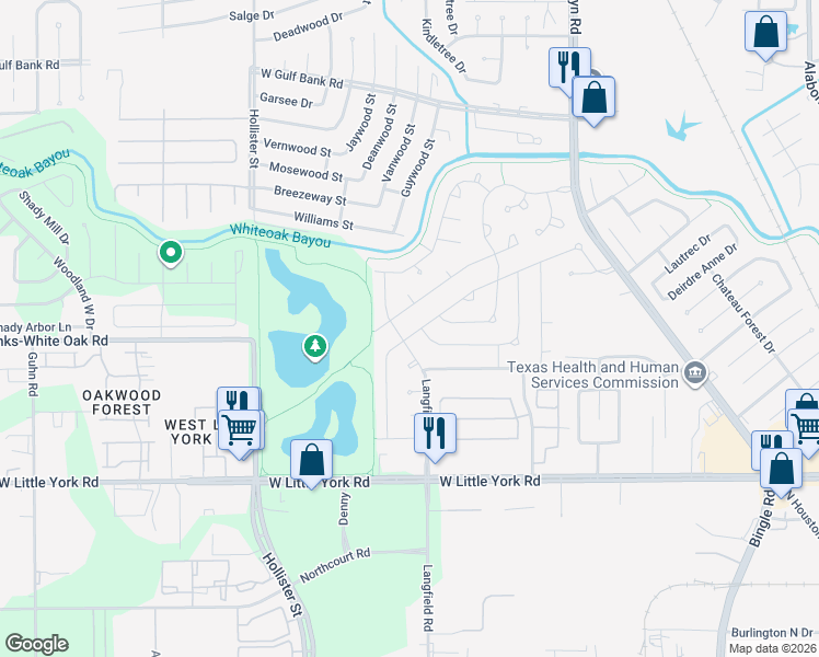 map of restaurants, bars, coffee shops, grocery stores, and more near 7314 Woodfern Drive in Houston