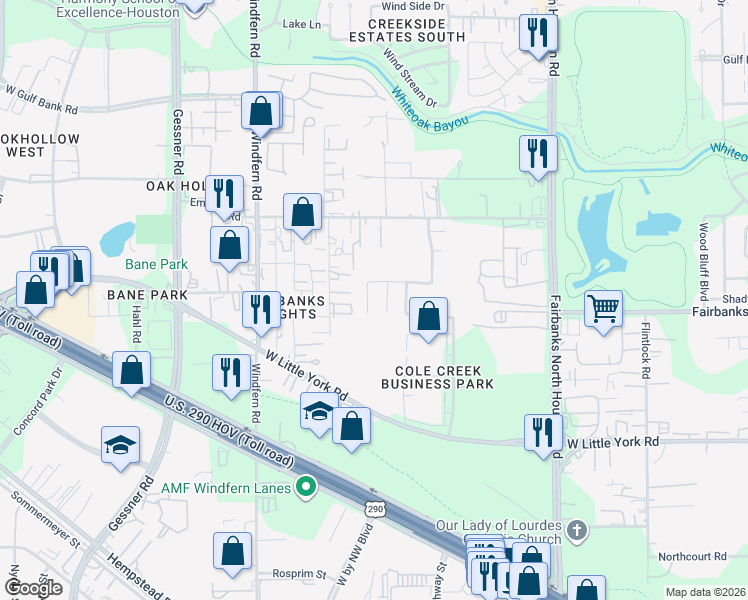 map of restaurants, bars, coffee shops, grocery stores, and more near 6935 Kamiah Court in Houston