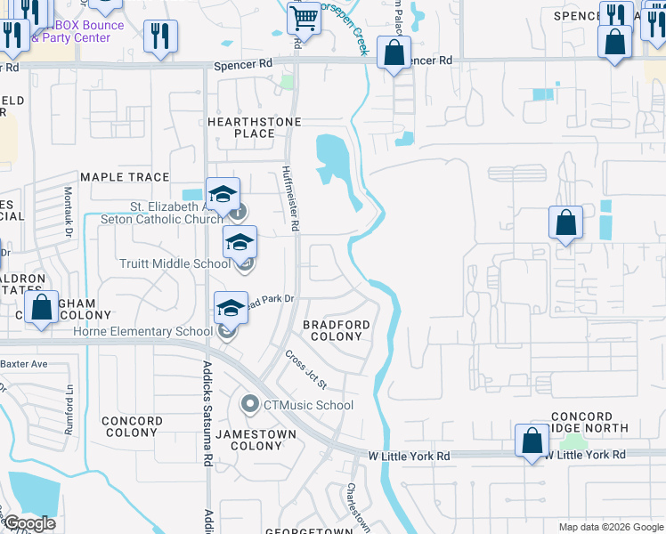 map of restaurants, bars, coffee shops, grocery stores, and more near 6526 Horsepen Bayou Drive in Houston