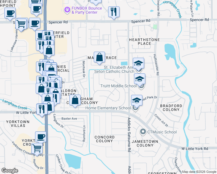 map of restaurants, bars, coffee shops, grocery stores, and more near 15114 Ringfield Drive in Houston