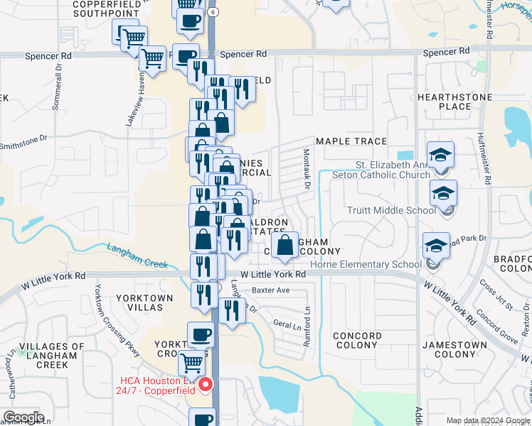 map of restaurants, bars, coffee shops, grocery stores, and more near 6523 Bosley Lane in Houston
