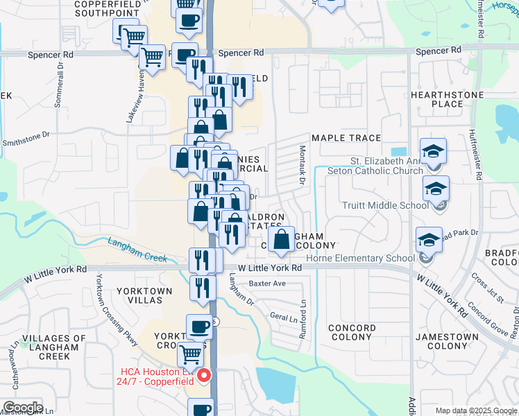 map of restaurants, bars, coffee shops, grocery stores, and more near 6447 Waldron Drive in Houston