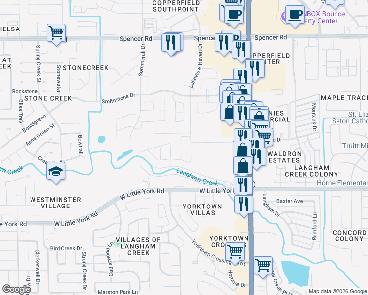 map of restaurants, bars, coffee shops, grocery stores, and more near 6415 Lakeview Haven Drive in Houston
