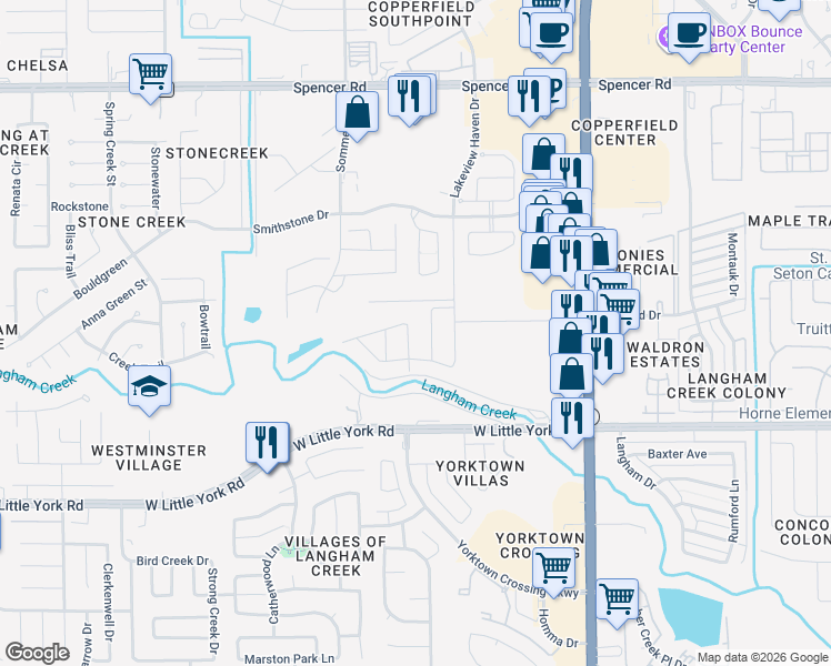 map of restaurants, bars, coffee shops, grocery stores, and more near 6833 Lakeview Haven Drive in Houston
