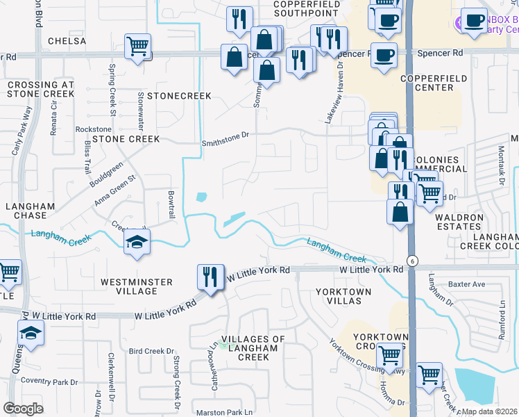map of restaurants, bars, coffee shops, grocery stores, and more near 6506 Sommerall Drive in Houston