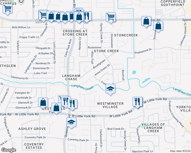 map of restaurants, bars, coffee shops, grocery stores, and more near 16851 Anna Green Street in Houston