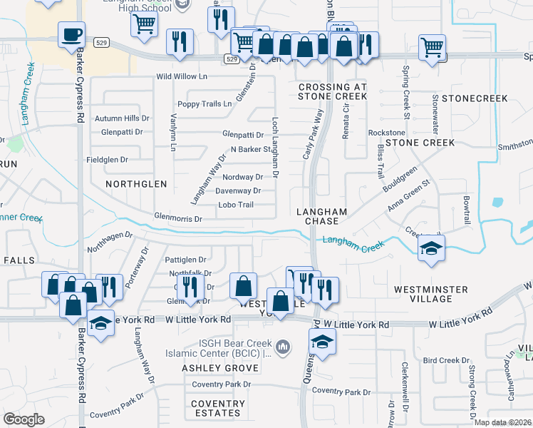 map of restaurants, bars, coffee shops, grocery stores, and more near 6518 Loch Langham Drive in Houston