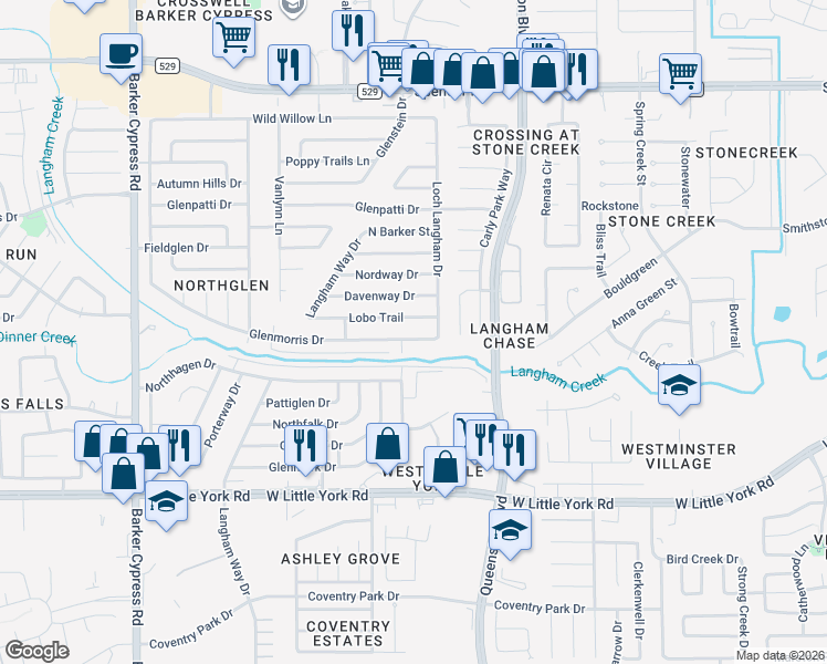 map of restaurants, bars, coffee shops, grocery stores, and more near 17403 Lobo Trail in Houston