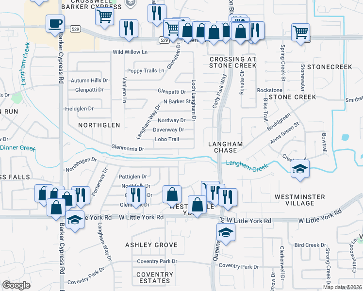 map of restaurants, bars, coffee shops, grocery stores, and more near 17403 Lobo Trail in Houston