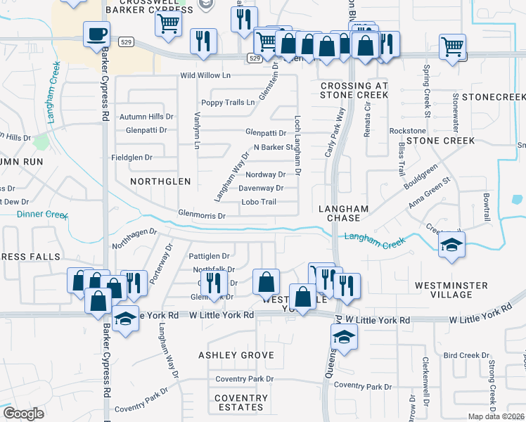 map of restaurants, bars, coffee shops, grocery stores, and more near 17403 Lobo Trail in Houston