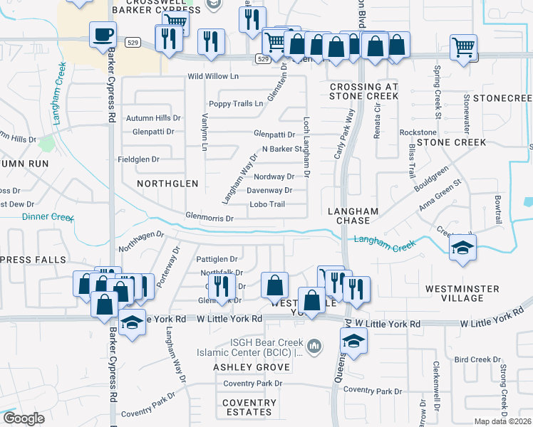 map of restaurants, bars, coffee shops, grocery stores, and more near 17439 Lobo Trail in Houston