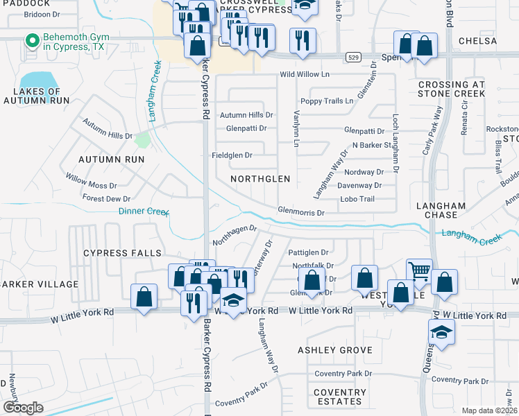 map of restaurants, bars, coffee shops, grocery stores, and more near 17731 Glenmorris Drive in Houston